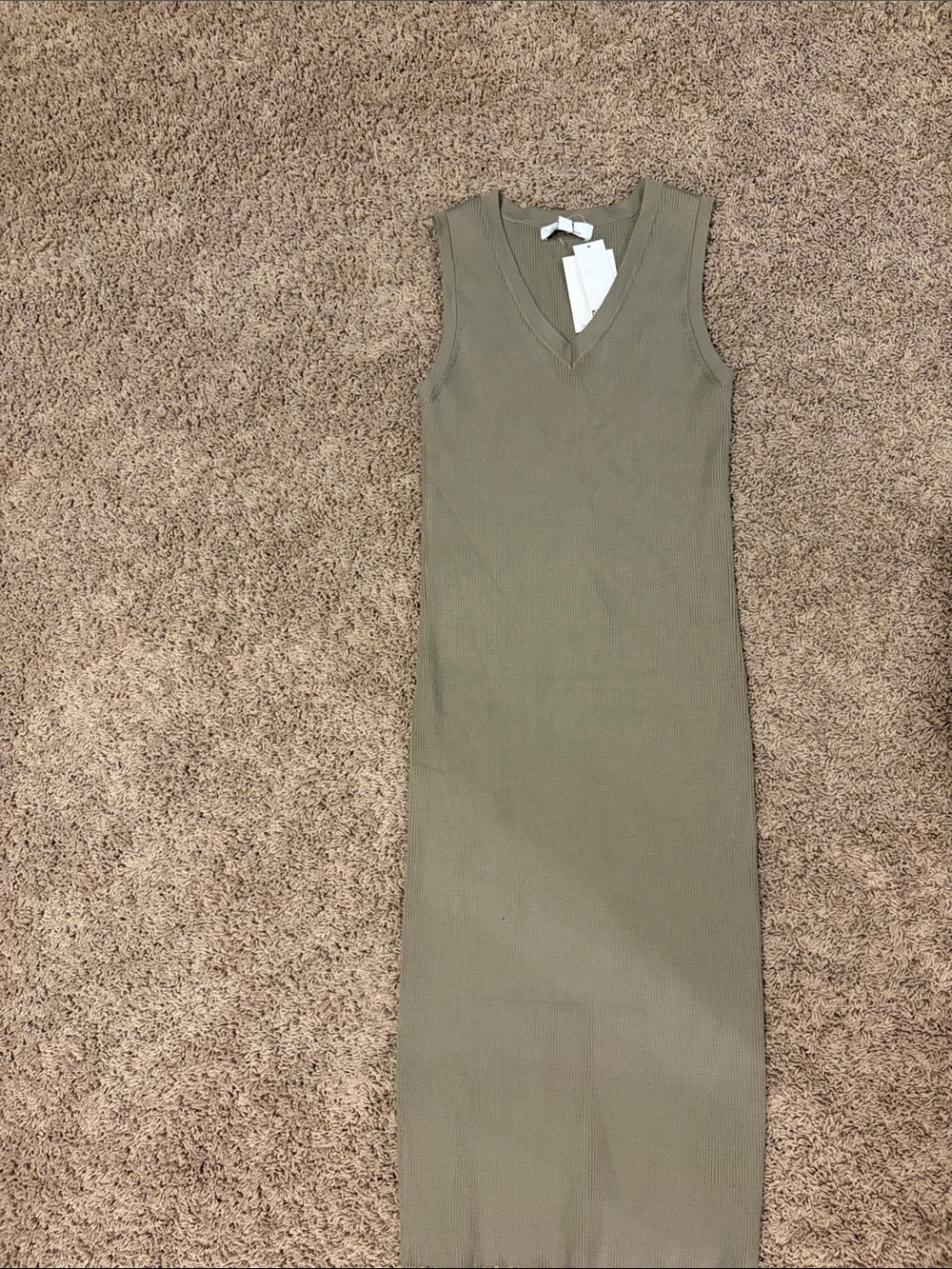 Magaschoni Olive Sleeveless V-Neck Knit Midi Dress